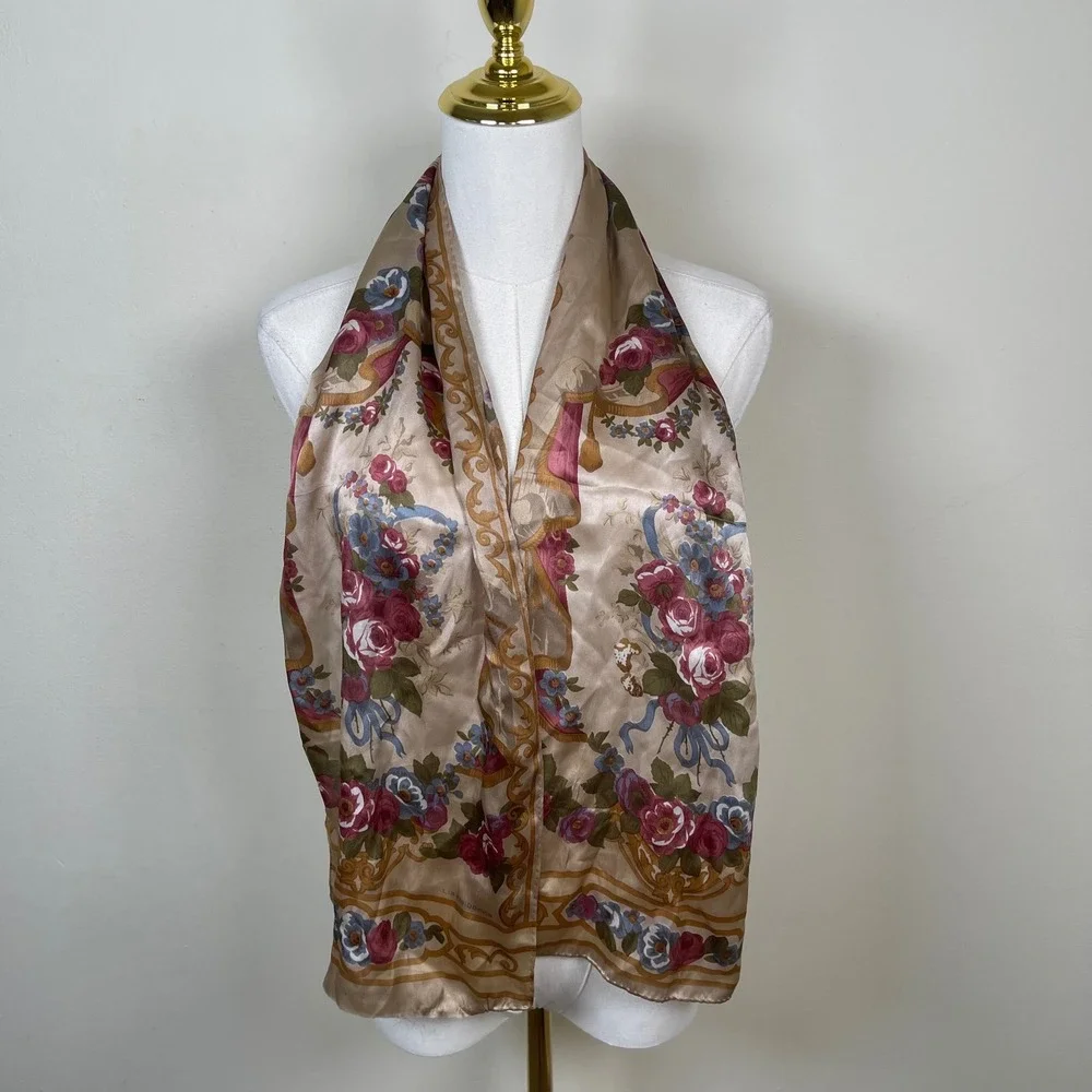 Vintage Liz Claiborne Floral Silk Scarf Women Tan Rose Ribbon Victorian Cottage